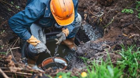 Technician measuring sludge levels during septic inspection